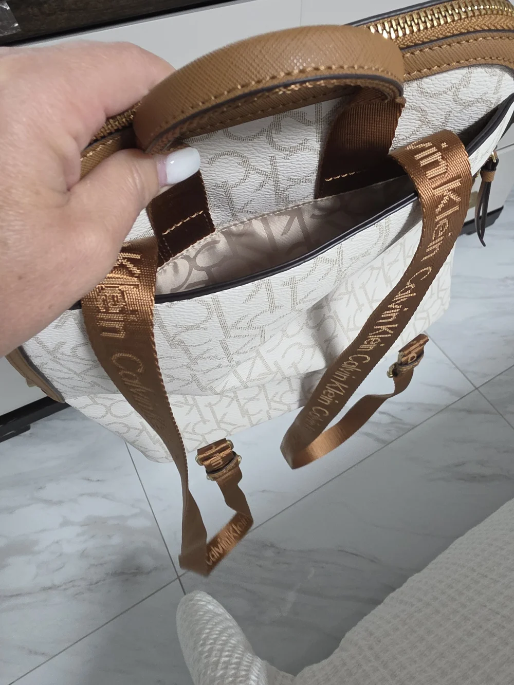 Calvin Klein Cream and Tan Logo Backpack